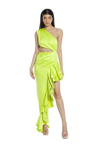 PALLASITE long one-shoulder cut-out dress with ruffles and side slit. more ruffles
