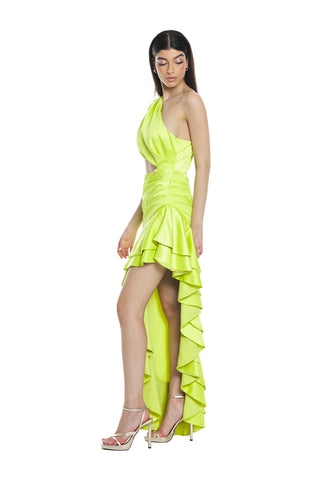 PALLASITE long one-shoulder cut-out dress with ruffles and side slit. more ruffles