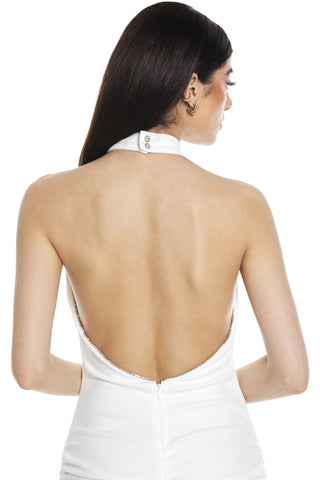 Short EMATITE dress with open neckline at the back plus rhinestone trimmings and curls