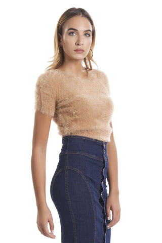 YATES short half-sleeved fur-effect crew-neck sweater