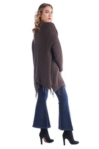 Cardigan modello ampio traforato aperto con frange, relish fashion moda, abbigliamento donna