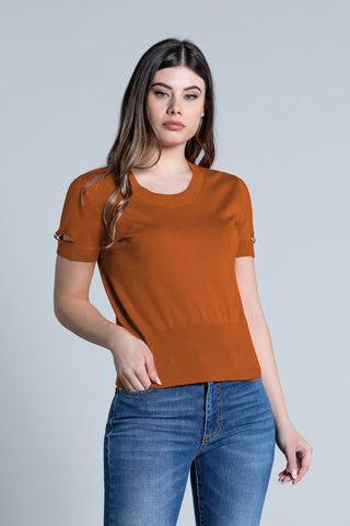 LINE half sleeve sweater with openings plus jewel button