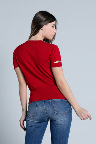 LINE half sleeve sweater with openings plus jewel button