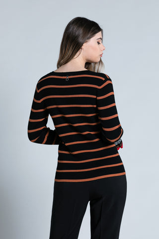 CHARM long sleeve cardigan with ruffles and multi-striped ribbed jewel buttons