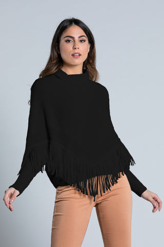 ERIF long-sleeved turtleneck sweater with fringes