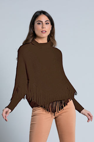 ERIF long-sleeved turtleneck sweater with fringes