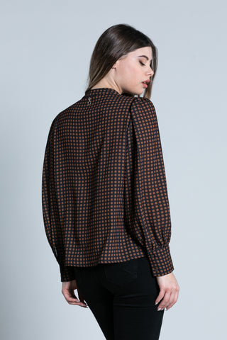 Blusa OTYS manica lunga collo koreana più nastrino più goccia più volant pois