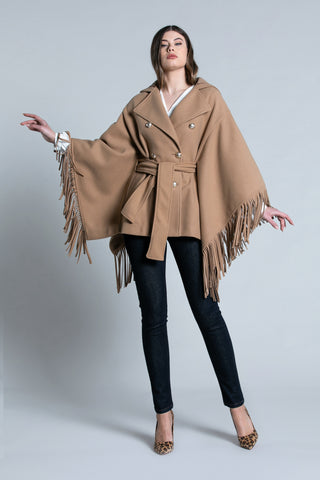 Cappotto MIUNA corto maniche a 3/4 kimono con frange d.petto più bott. più cappuccio più cint.