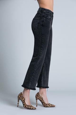 Jeans VICL vita alta crop 5 tasche sfrangiato black denim