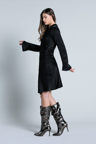 Abito NET midi manica lunga campana scollo più Gonna incrocio con pieghe