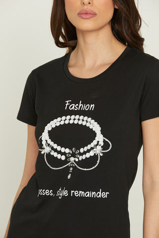 PICARO half sleeve t-shirt with print plus rhinestone and pearl appliqué