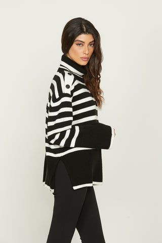 AURA long-sleeved turtleneck sweater with martingale and striped buttons