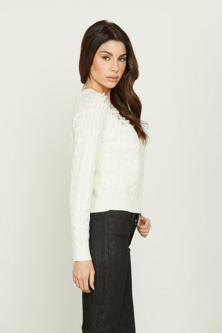 PROSPERPINA long-sleeved braided sweater with pearls and cabochons