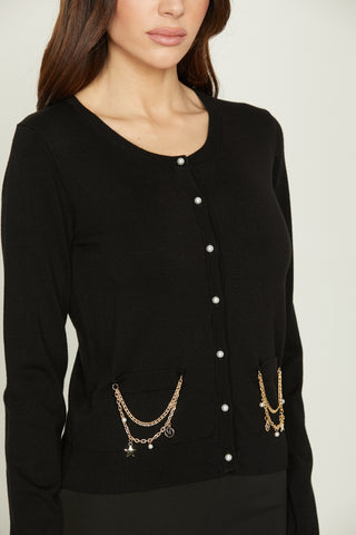 ASTERIA long sleeve cardigan with flaps plus chains with pendants plus pearl buttons