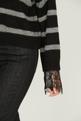CLELIA short, long-sleeved sweater with boat neckline and striped lace inserts