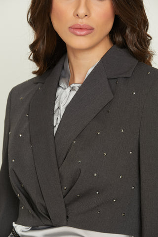 Giacca INTENT corta manica lunga doppio petto con pieghe più snap più strass