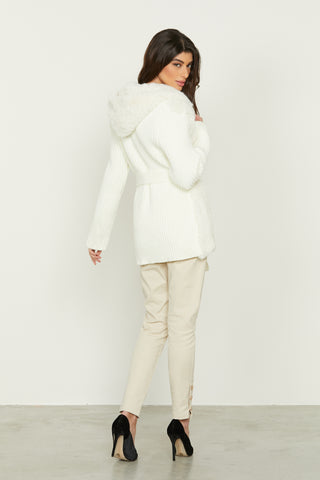 Pelliccia cardigan NADIA eco manica lunga con cappuccio più cintura più inserti maglia