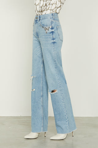 Jeans CIOCCOLATA vita alta 5 ts con rotture più appl. Pietre più perle denim