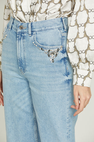 Jeans CIOCCOLATA vita alta 5 ts con rotture più appl. Pietre più perle denim
