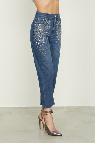 Jeans IKU_STRASS vita alta 5 ts con strass più fondo sfrangiato denim