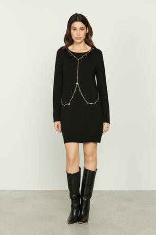 CIRCE short long-sleeved dress with pearl appliqué and chain with pendants