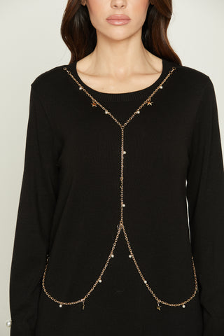 CIRCE short long-sleeved dress with pearl appliqué and chain with pendants