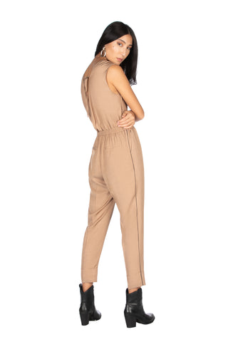 LONDON sleeveless jumpsuit with deep crossover neckline, elastic waist and pleat at the bottom