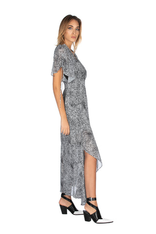 Abito lungo mezza manica con arricci spalle più p.smok più fant.maculata asimmetrico, Relish Fashion Moda, Primavera Estate 2020, Abbigliamento donna