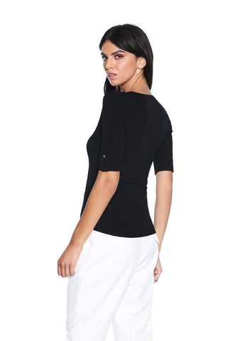 KILARM half-sleeve sweater with V-neck turn-up and ribbed buttons