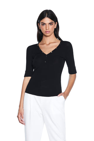 KILARM half-sleeve sweater with V-neck turn-up and ribbed buttons