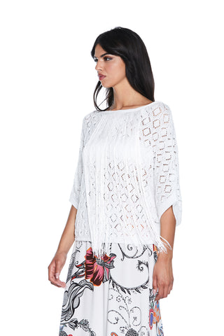 LINFAT half-sleeve kimono sweater with crochet stitch plus lurex plus fringes