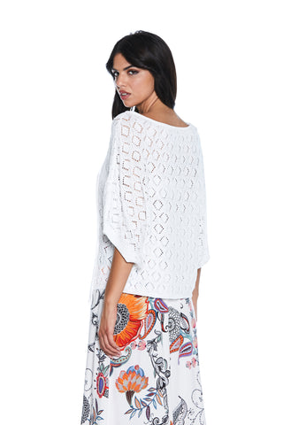 LINFAT half-sleeve kimono sweater with crochet stitch plus lurex plus fringes