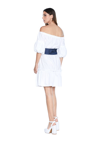 Abito MUYLLERS corto M.3/4 a sbuffo scollo barca con arricci più cintura