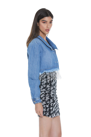 Giubbino NAOKO_STRASS corto manica lunga ampio sfrangiato più catena strass denim