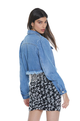 Giubbino NAOKO_STRASS corto manica lunga ampio sfrangiato più catena strass denim