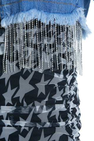 Giubbino NAOKO_STRASS corto manica lunga ampio sfrangiato più catena strass denim