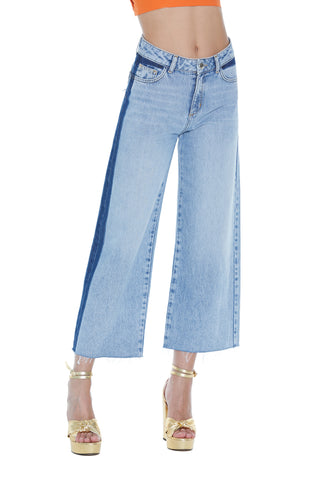 Jeans KOI vita alta zampa fondo sfrangiato denim