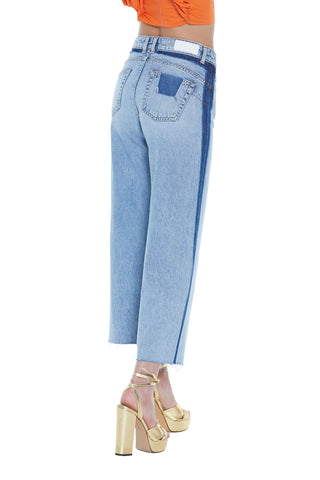 Jeans KOI vita alta zampa fondo sfrangiato denim