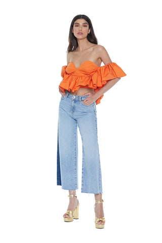 Jeans KOI vita alta zampa fondo sfrangiato denim