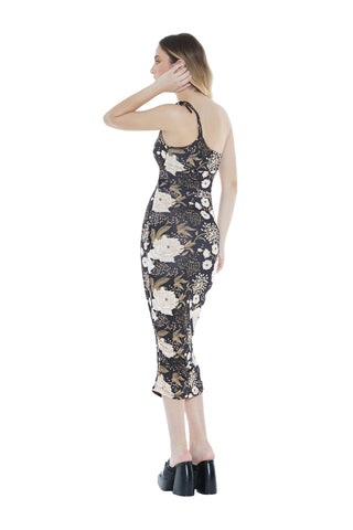 Abito NANAKO midi monospalla con arricci fant. Rose