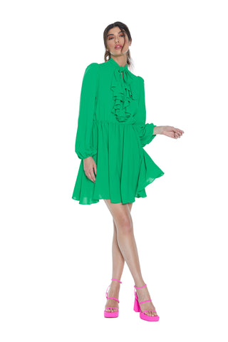 Abito YASUKO corto manica lunga con arricci colletto con fusciacca più scollo v con rouches