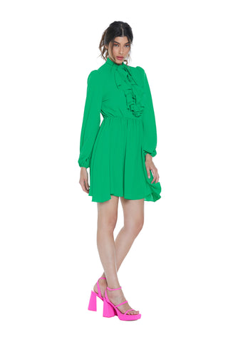 Abito YASUKO corto manica lunga con arricci colletto con fusciacca più scollo v con rouches