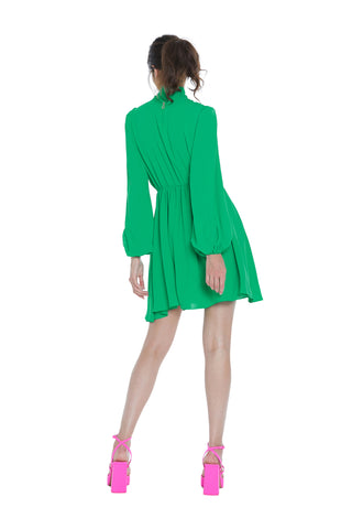 Abito YASUKO corto manica lunga con arricci colletto con fusciacca più scollo v con rouches