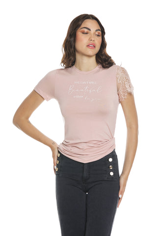 T-shirt ERCOLES mezza manica con pizzo con stampa più pieghe fianco