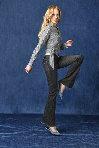 SHIFFER_3 medium waist 5 pocket trousers with fringed hem flaire fit denim black