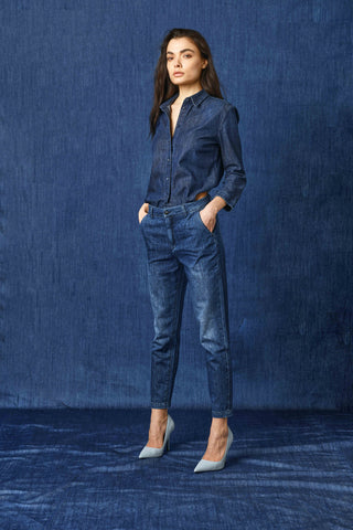 CAROL_2 medium waist chino slim fit blue denim trousers