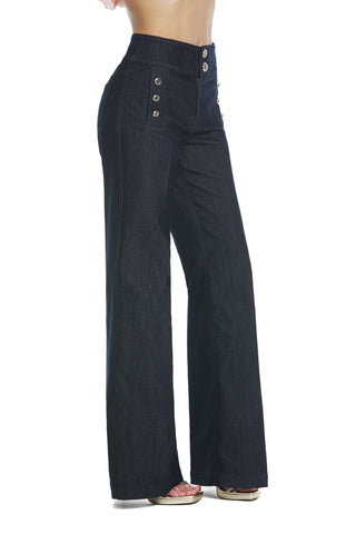 LAGERTHA high waist trousers with high bustier plus pockets plus buttons wide leg blue denim