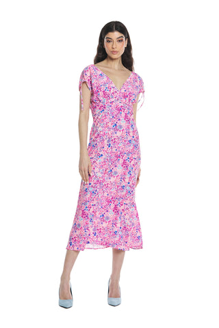 GHAZI sleeveless midi dress with double v-neck drawstring and flower pattern pleats