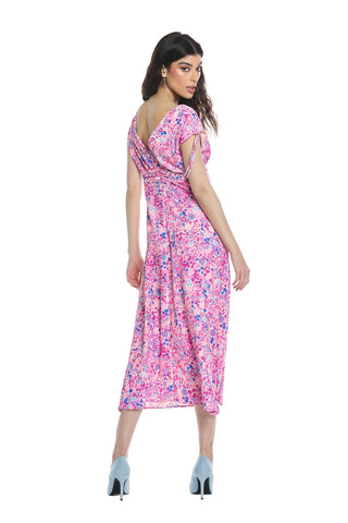 GHAZI sleeveless midi dress with double v-neck drawstring and flower pattern pleats
