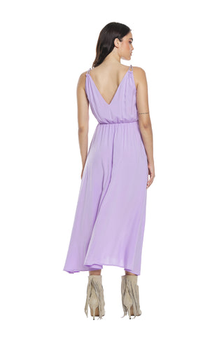 Long AMMER dress with double v-neck braided straps and wide waistline